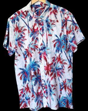 Retro Rifle AKs & Vacays Button Up Shirt Mens XL Red White Blue Hawaiian USA
